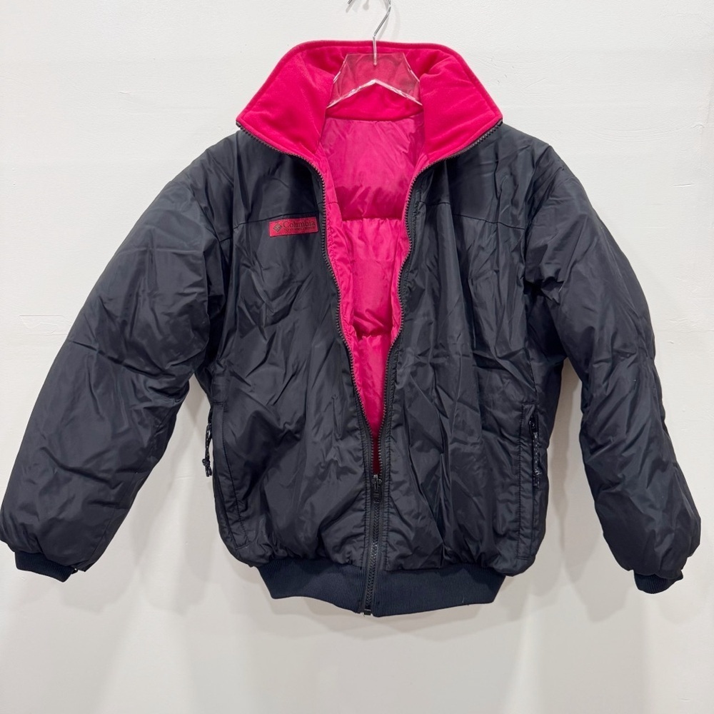 Vintage Womens Reversible Columbia Puffer Bomber Jacket Black Pink Down S
